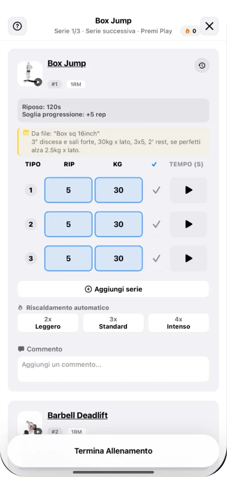 GymTracker: registrazione di una serie con campo commento