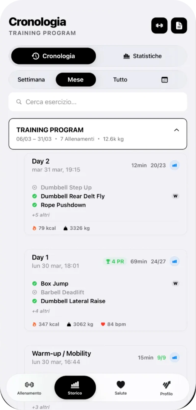 GymTracker storico allenamenti